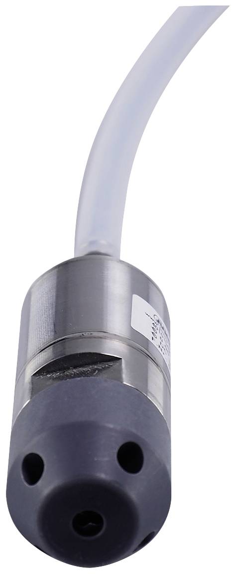 Srebrny, cylindryczny czujnik z przewodem, prawdopodobnie czujnik poziomu wody, na białym tle.