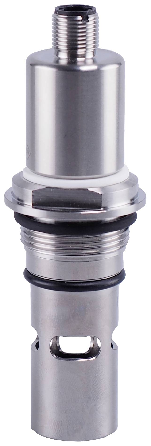 Metalowy cylinder zaworowy z wieloma poziomami i gwintem przyłączeniowym u góry.