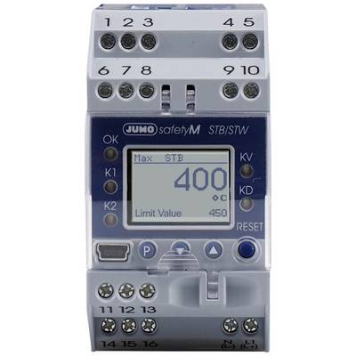 Elektryczne przekaźniki bezpieczeństwa z wieloma złączami i wyświetlaczem cyfrowym, pokazujące 'Max STB 40°C' oraz 'Limit Value 45°C'.