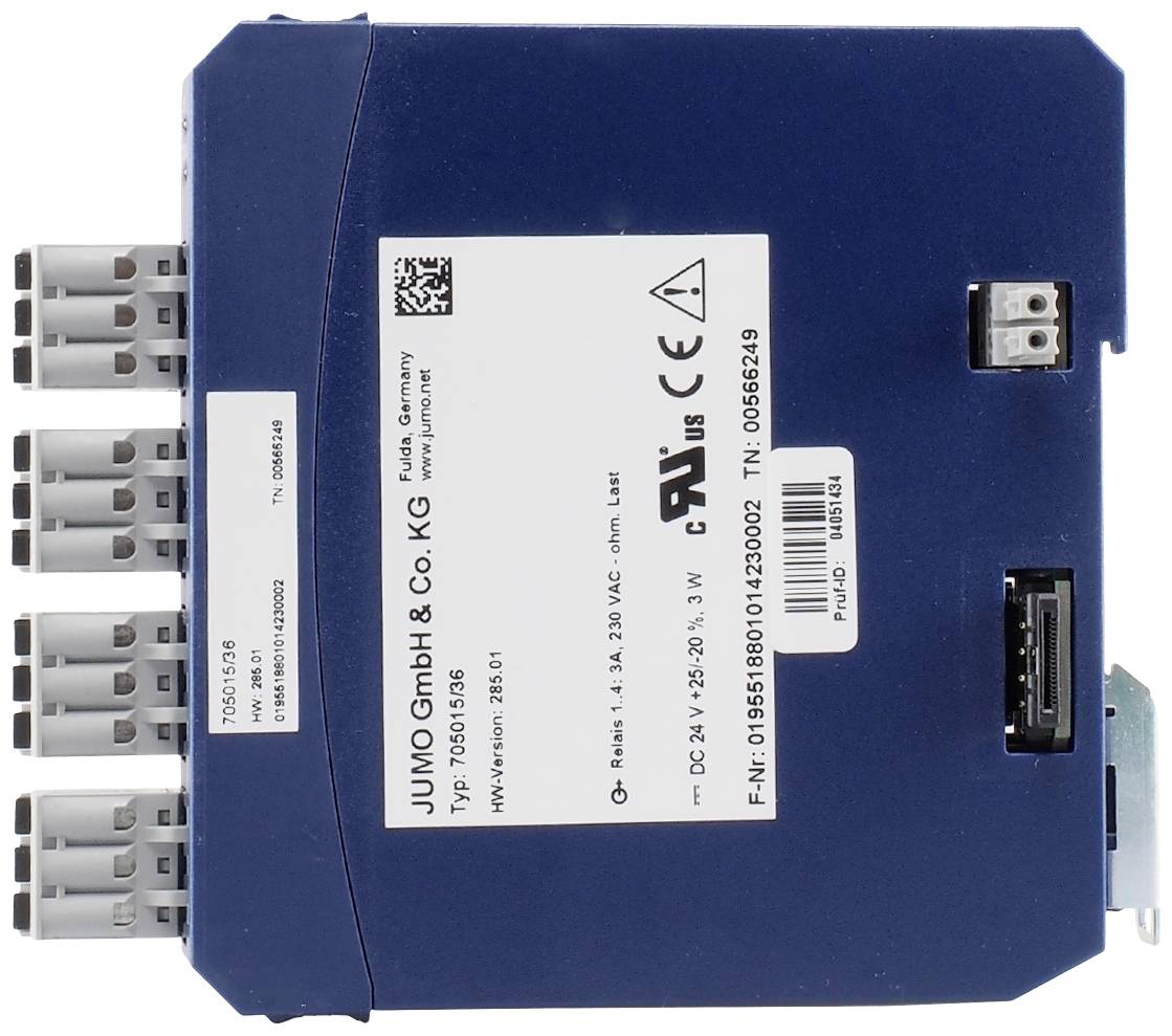 Przemysłowe urządzenie elektroniczne z wieloma złączami i etykietą. Wskazuje producenta 'JUMO GmbH & Co. KG' oraz numer modelu '705041/1006-185-96'.