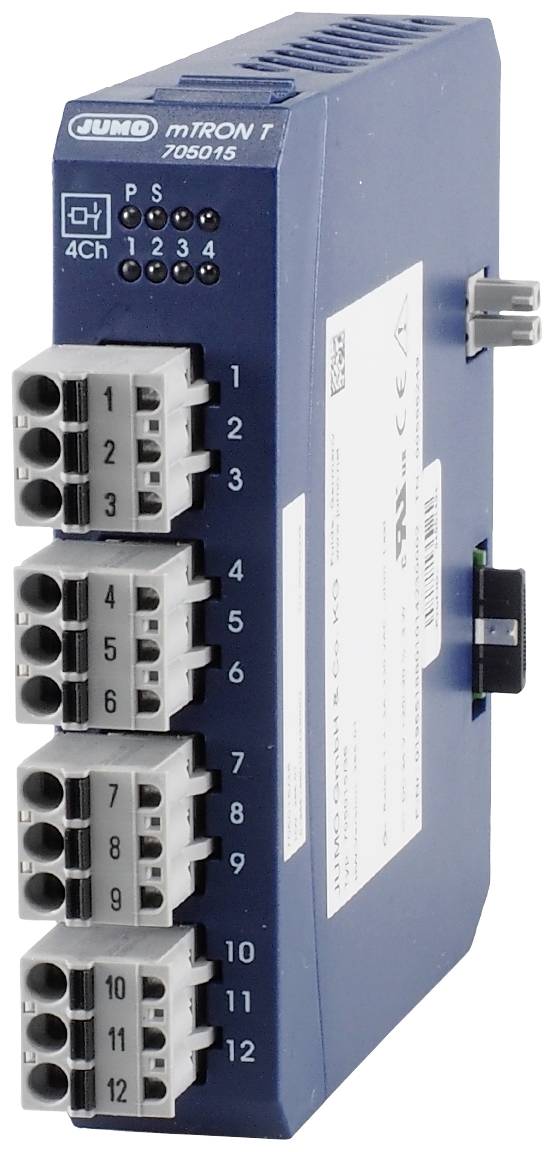 Niebieskie elektroniczne urządzenie sterujące z przyłączami i oznaczeniami. Z przodu widocznych jest kilka ponumerowanych gniazd przyłączeniowych.
