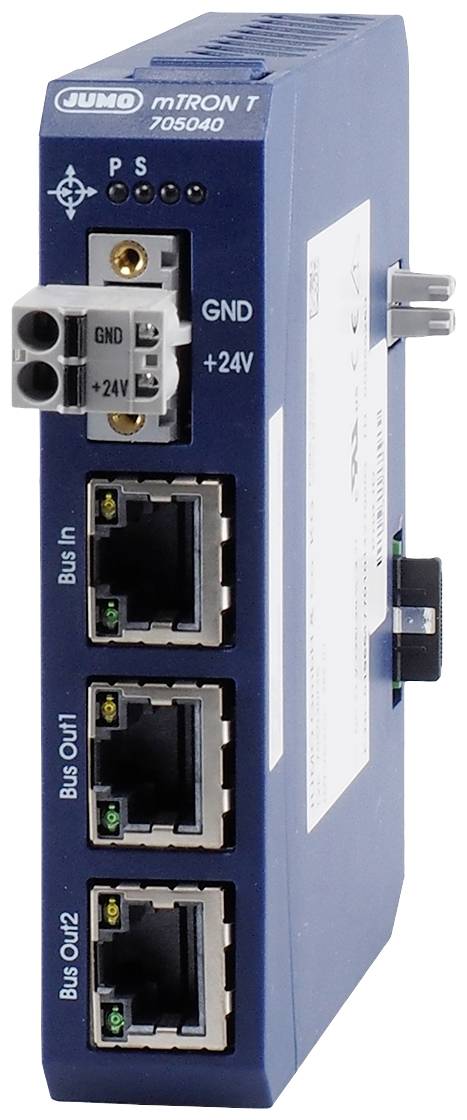 Przemysłowy router w niebieskiej obudowie, z portami Ethernet i złączem zasilania na przedniej ściance, odpowiedni do zastosowań w systemach komunikacyjnych.