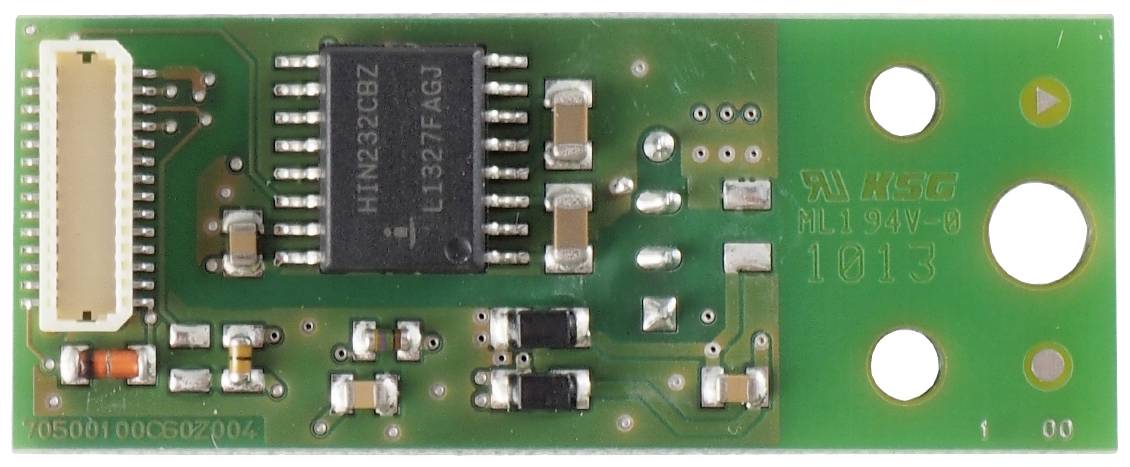 Zielona płytka drukowana z elementami elektronicznymi, w tym czarny mikroukład oznaczony napisem 'HTN232CBZ'.