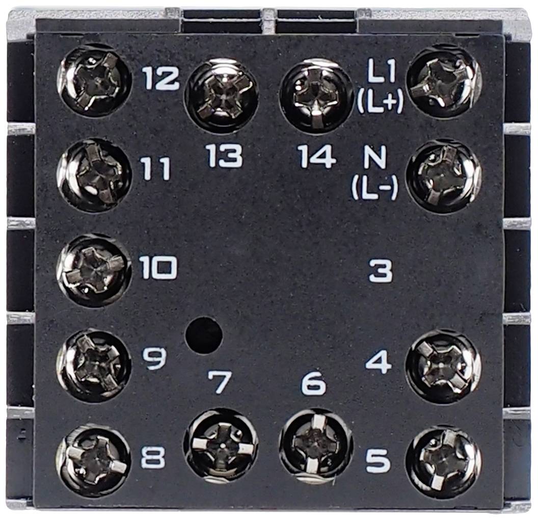 Czarno-szary blok przyłączeniowy z dwunastoma ponumerowanymi zaciskami śrubowymi w dwóch rzędach. Górny prawy róg: L1 (L+), N (L-).