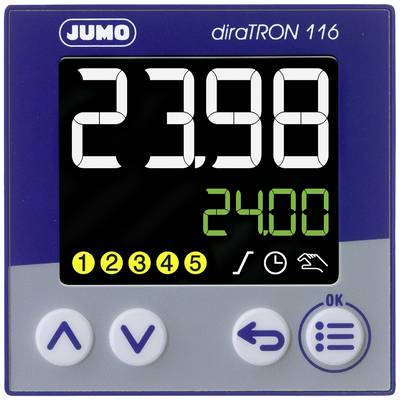 Regulator temperatury 'Jumo diraTRON 116' z wyświetlaczem. Duży biały wyświetlacz pokazuje '23,98', zielona wartość docelowa '24,00'. Pięć przycisków na dole.