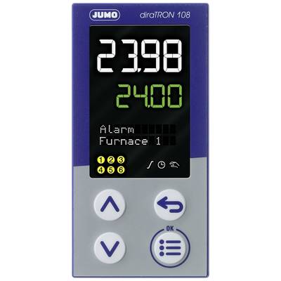 Wyświetlacz cyfrowy z wartościami temperatury '23,98' i '24,00', wskaźnikiem alarmu i przyciskami sterującymi. Urządzenie marki JUMO, model diraTRON 108.