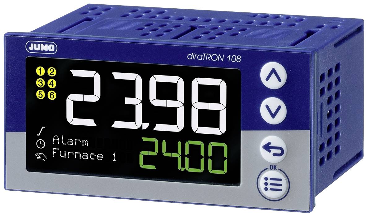 Cyfrowe urządzenie wyświetlające z wartością pomiarową '23,98', wskaźnikiem alarmu i oznaczeniem 'Piec 1', logo producenta 'JUMO', model 'diraTRON 108'.