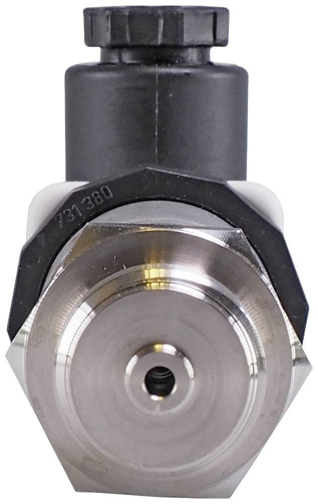 Czarny cylinder z gwintem metalowym i centralnym otworem, prawdopodobnie element techniczny lub zawór.