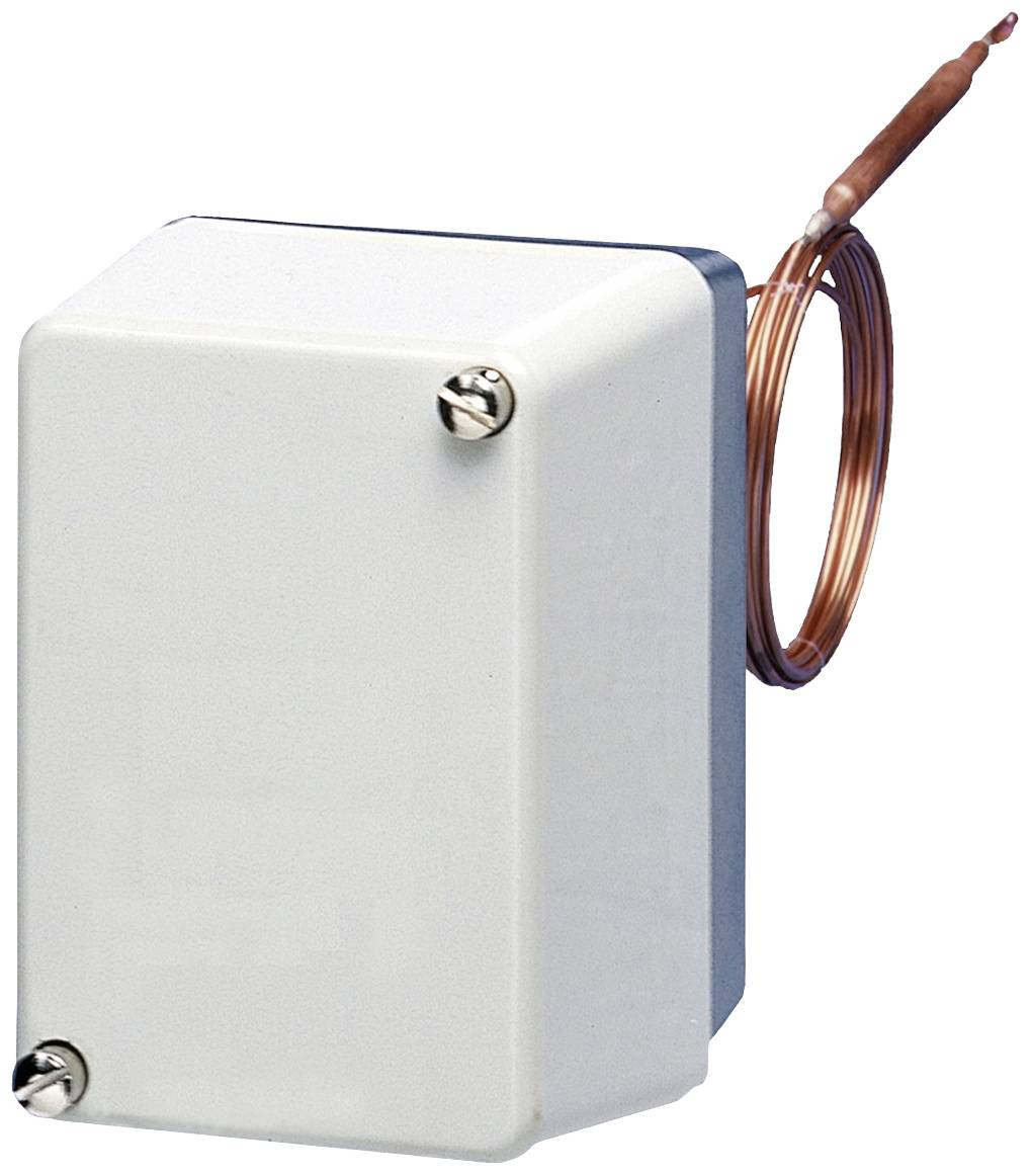 Prostokątne białe urządzenie z czterema śrubami w narożnikach i podłączonym przewodem miedzianym, prawdopodobnie czujnik lub regulator.