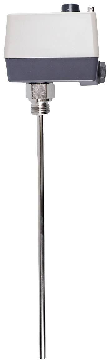 Czujnik temperatury z długim metalowym prętem i obudową prostokątną, przeznaczony do pomiarów w zastosowaniach przemysłowych.