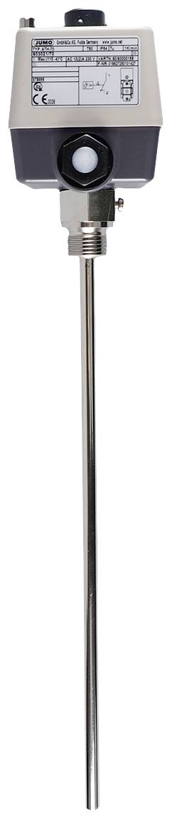 Czujnik temperatury z metalowym prętem i puszką przyłączeniową, stosowany do pomiarów i monitoringu w zastosowaniach przemysłowych.