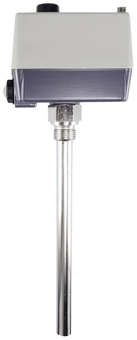 Podłużny czujnik temperatury z metalową sondą i prostokątną obudową.