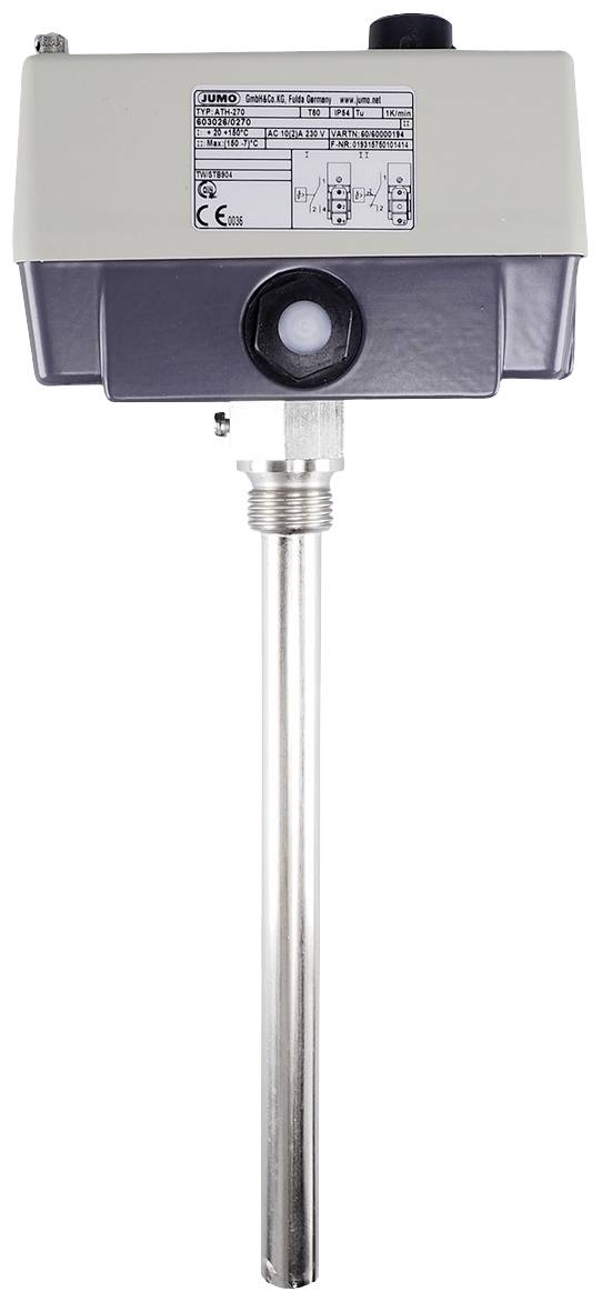 Czujnik temperatury z osłoną ochronną i jednostką przyłączeniową, przeznaczony do zastosowań przemysłowych. Nazwa modelu i specyfikacje techniczne widoczne na etykiecie.