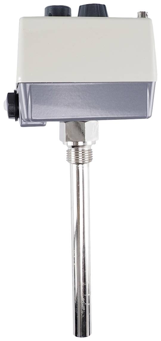 Przemysłowy czujnik termostatyczny z sondą metalową i prostokątną obudową z tworzywa sztucznego, przeznaczony do monitorowania temperatury.