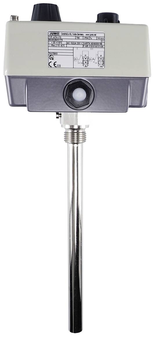 Srebrny, cylindryczny czujnik temperatury z szarą obudową i nadrukiem. Stosowany do pomiaru i regulacji temperatur.