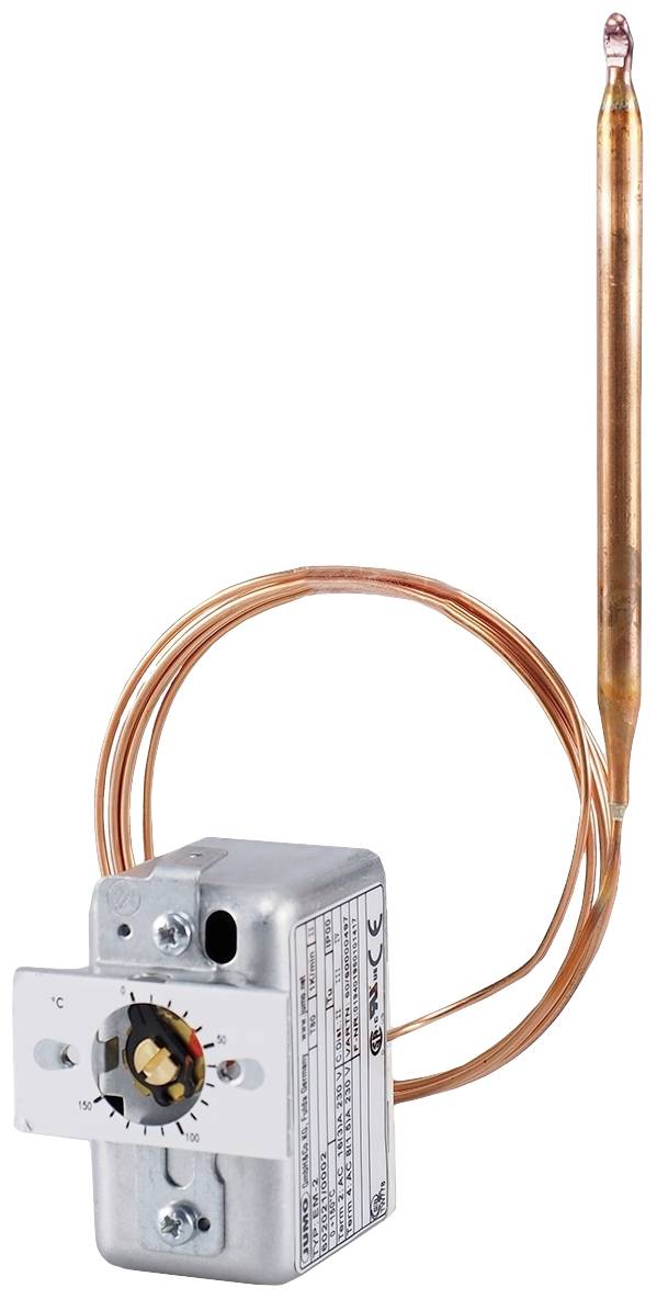 Termostat z miedzianą rurką kapilarną i czujnikiem do regulacji temperatury w instalacjach grzewczych.