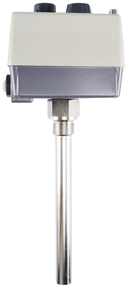 Czujnik temperatury w prostokątnej obudowie z długim metalowym czujnikiem, przeznaczony do zastosowań przemysłowych.