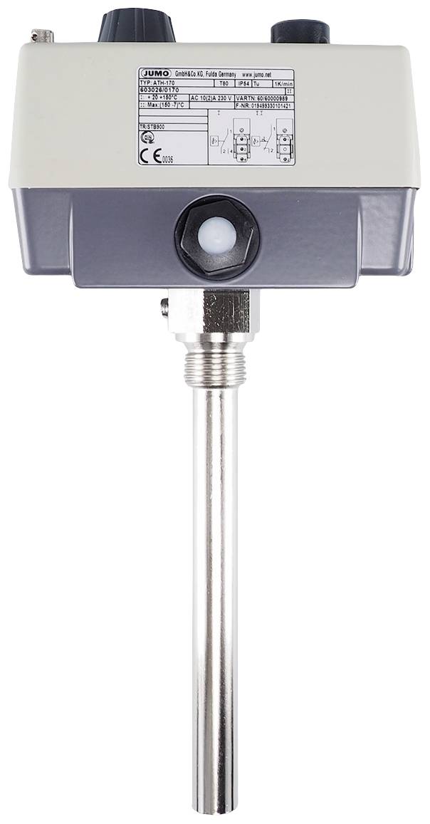 Przemysłowy regulator temperatury z białą obudową i metalową sondą. Na górze znajdują się pokrętła i specyfikacje techniczne.