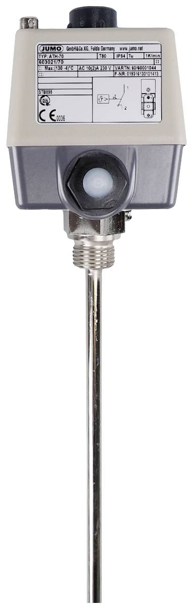 Przemysłowy czujnik temperatury z długim metalowym prętem i skrzynką przyłączeniową na górze, odpowiedni do monitorowania lub sterowania procesami w maszynach.