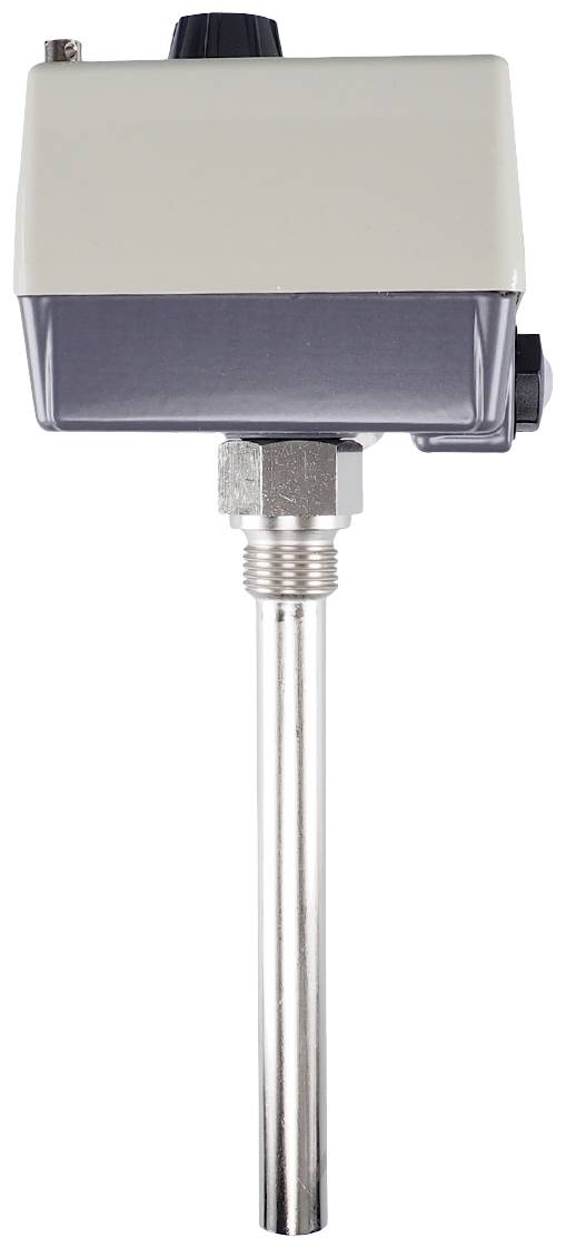 Czujnik przemysłowy z sondą metalową i obudową z tworzywa sztucznego do pomiaru temperatury w urządzeniach lub systemach, stosowany w zastosowaniach technicznych.