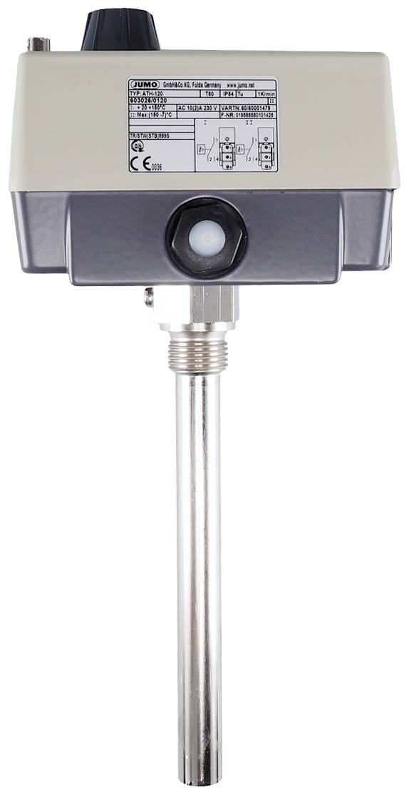 Urządzenie pomiarowe temperatury z czujnikiem metalowym, obudowa z etykietą i specyfikacją techniczną.