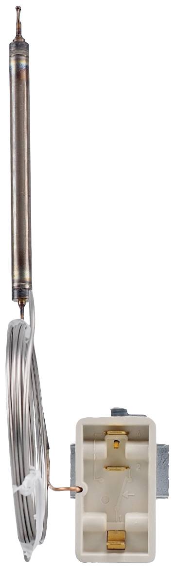 Termostat z długą, giętą sondą miedzianą i prostokątną, białą obudową z tworzywa sztucznego; używany do regulacji temperatury.