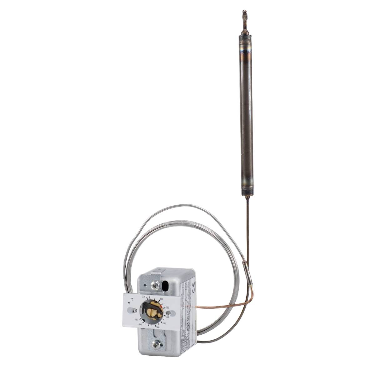 Regulator temperatury z sondą pomiarową i pokrętłem nastawczym do sterowania systemami grzewczymi.