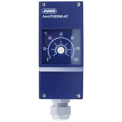 Niebieski regulator temperatury JUMO heatTHERM-AT ze skalą od 0 do 120°C i centralnym pokrętłem nastawczym.