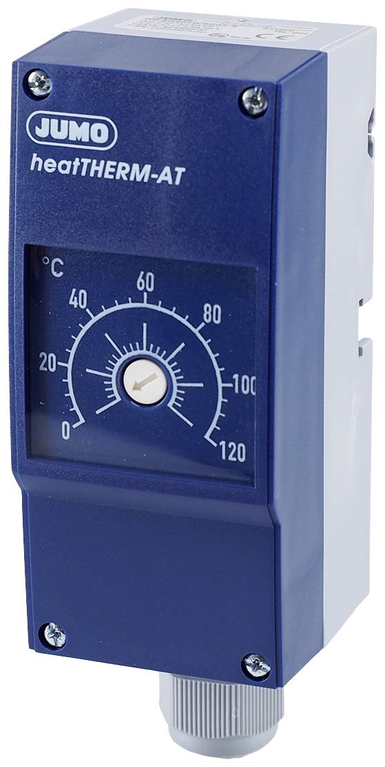 Niebieski regulator temperatury do techniki grzewczej, z wyświetlaczem obejmującym zakres od 0 do 120 stopni Celsjusza, wskazuje aktualnie około 75 stopni.