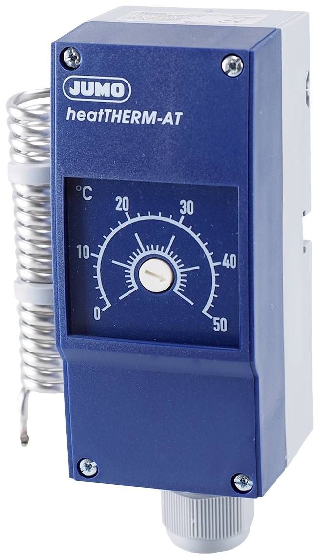 Niebieski regulator temperatury z skalą od 0 do 50 stopni Celsjusza, marka 'JUMO heatTHERM-AT', z metalowym czujnikiem spiralnym.