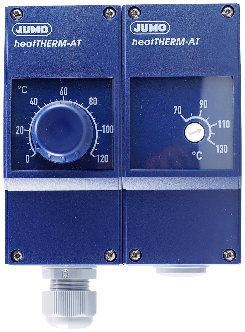 Dwa niebieskie regulatory temperatury marki Jumo, model 'heatTHERM-AT', z skalą od 0 do 120°C i pokrętłem nastawczym, zamontowane.