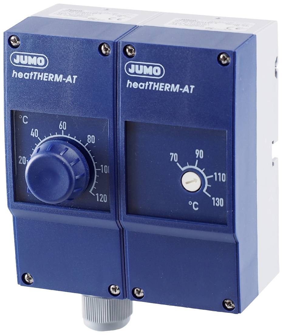 Niebieski regulator temperatury z dwoma skalami wskazującymi temperatury w stopniach Celsjusza. Po lewej stronie znajduje się pokrętło obrotowe, po prawej - stała skala.