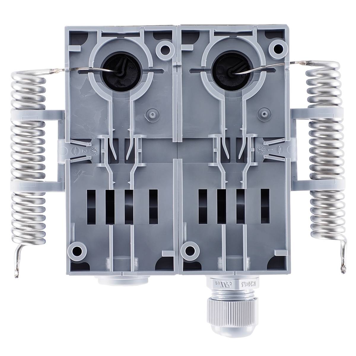Szary element elektryczny z dwiema cewkami po bokach, z przewodami podłączeniowymi na górze i na dole.