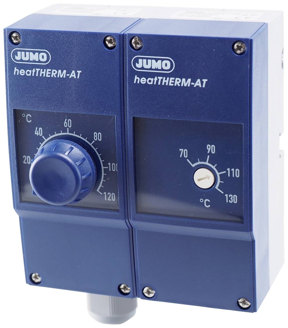 Dwa niebieskie urządzenia JUMO heatTHERM-AT do regulacji temperatury, jedno z pokrętłem i skalą, drugie z wyświetlaczem analogowym.
