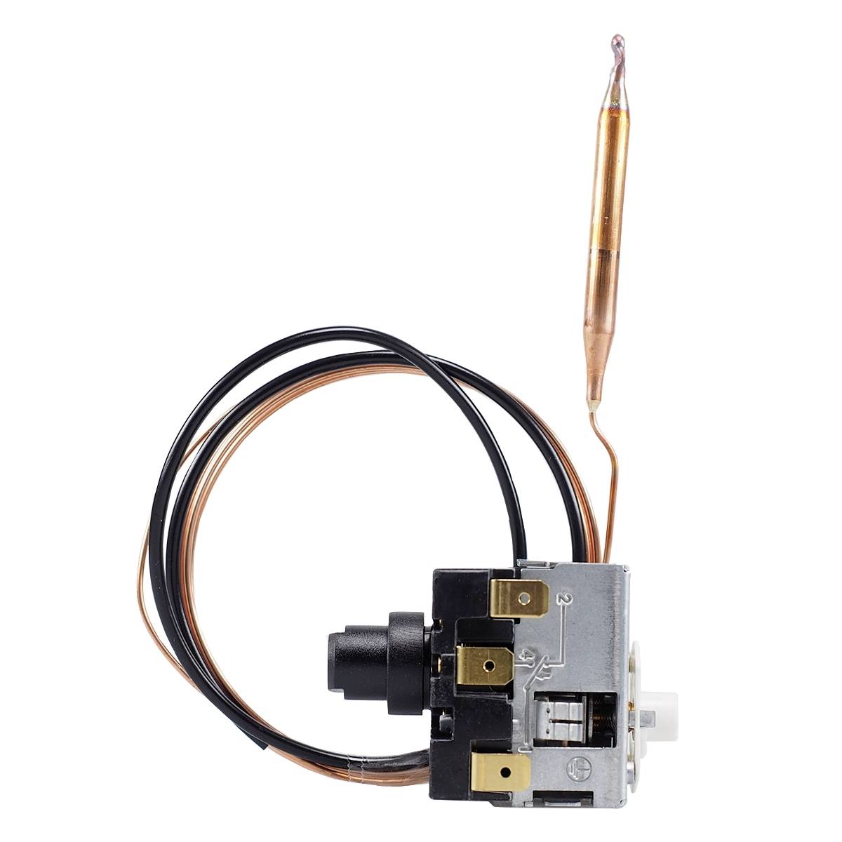 Termostatyczny przełącznik z miedzianą rurką i wiązką przewodów, stosowany w systemach grzewczych i chłodniczych do regulacji temperatury.