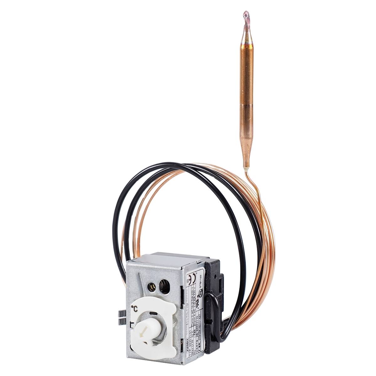 Termostat z regulatorem temperatury, wyposażony w czujnik temperatury z miedzianej rurki. Przeznaczony do pomiaru i regulacji temperatury.