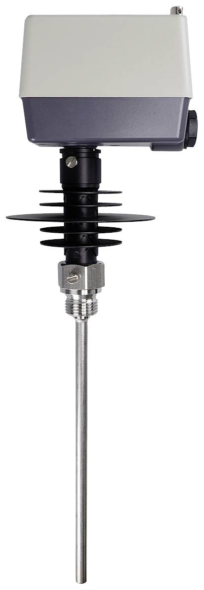 Czujnik w obudowie z długą, metalową sondą do pomiarów w urządzeniach technicznych, możliwy do zamontowania na powierzchni.