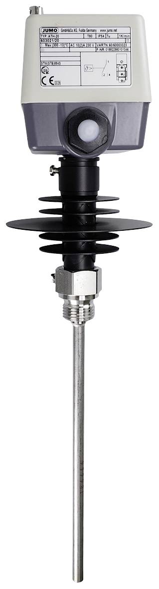 Czujnik temperatury, umieszczony pionowo, z długim metalowym czujnikiem i szarą obudową u góry. Przeznaczony do pomiaru temperatury w zastosowaniach przemysłowych.