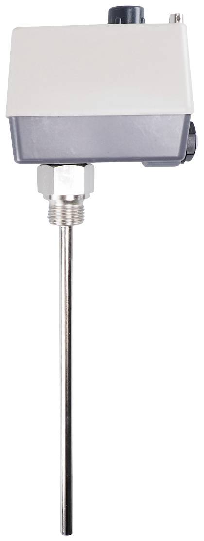 Czujnik temperatury z metalowym prętem pomiarowym i obudową prostokątną, przeznaczony do zastosowań przemysłowych.