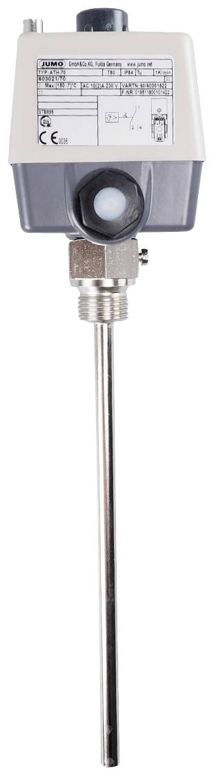 Biały czujnik temperatury z długim metalowym trzpieniem, obudową z tworzywa sztucznego i oznakowaniem CE. Na górze zakryty obszar, prawdopodobnie przeznaczony do podłączeń.