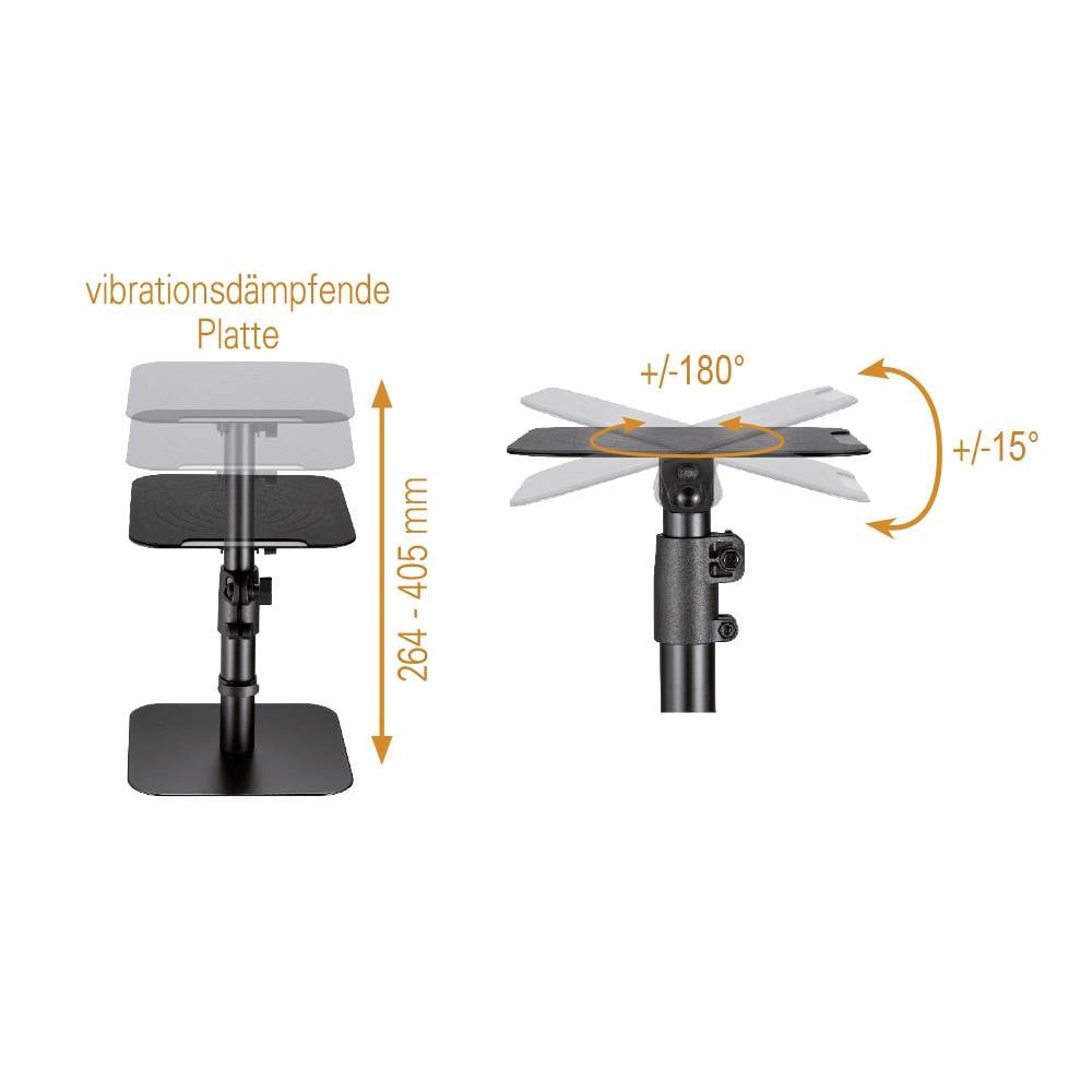 'Regulowana płyta tłumiąca drgania o zakresie wysokości 264-405 mm, zakresie obrotu +/-180° oraz zakresie pochylenia +/-15°.'