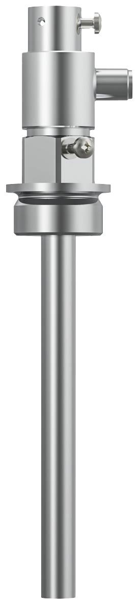 Endoskop w pozycji pionowej z srebrną cylindryczną obudową i długą, wąską rurką, używany do badań medycznych.