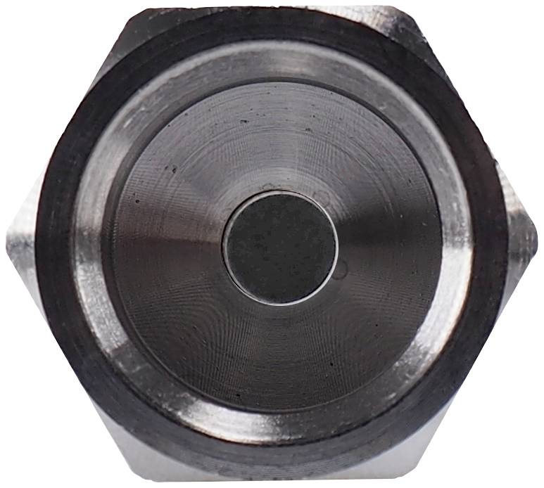 Widok z góry sześciokątnego złącza metalowego z centralnym otworem.