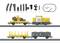 Zestaw kolejki modelowej z torami, sterowaniem i akcesoriami. Zawiera żółty koparkę na wagonie towarowym oraz dwa dodatkowe wagony.