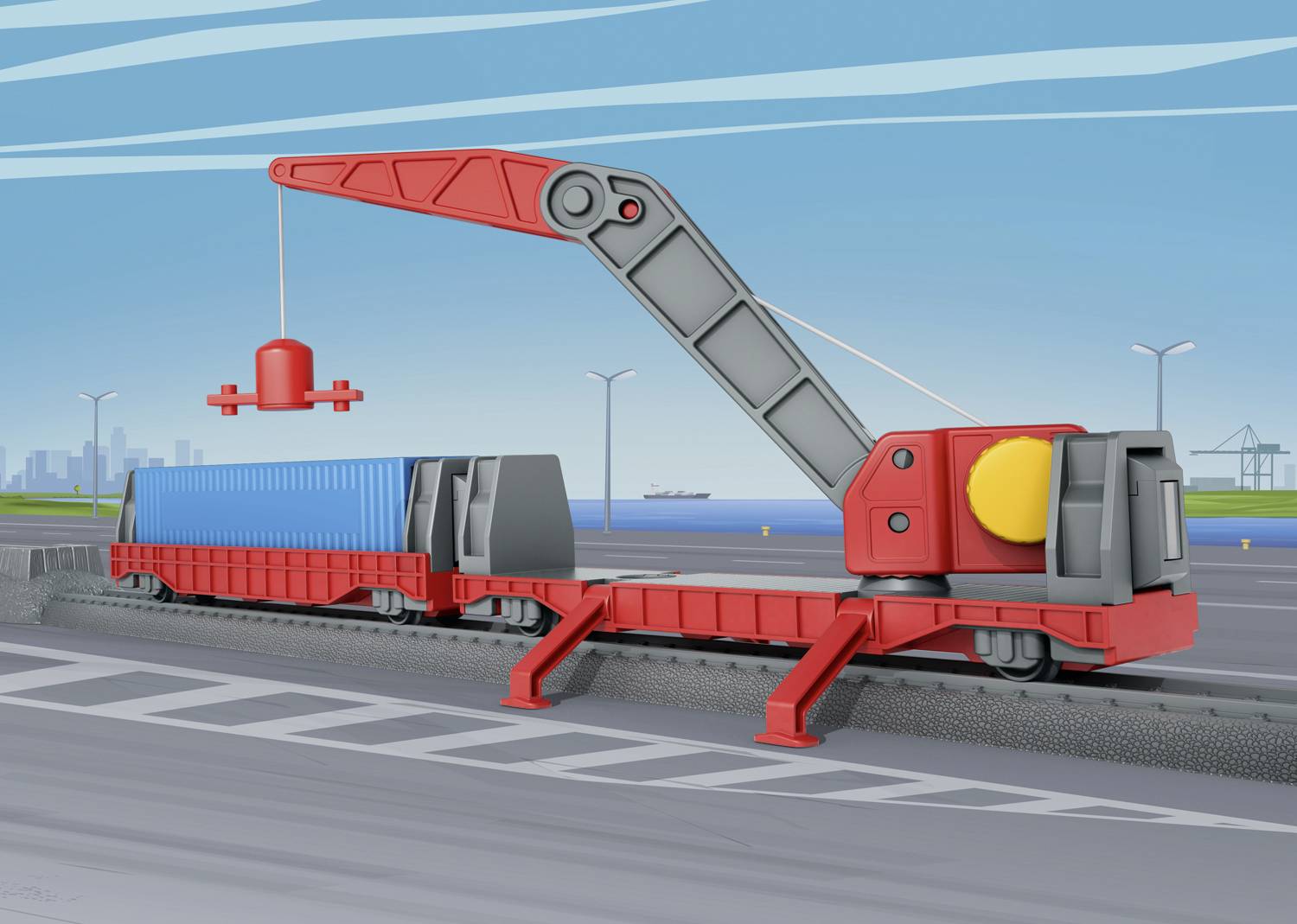 Czerwony dźwig podnosi kontener na pociąg towarowy w porcie. W tle widać miasto i morze.