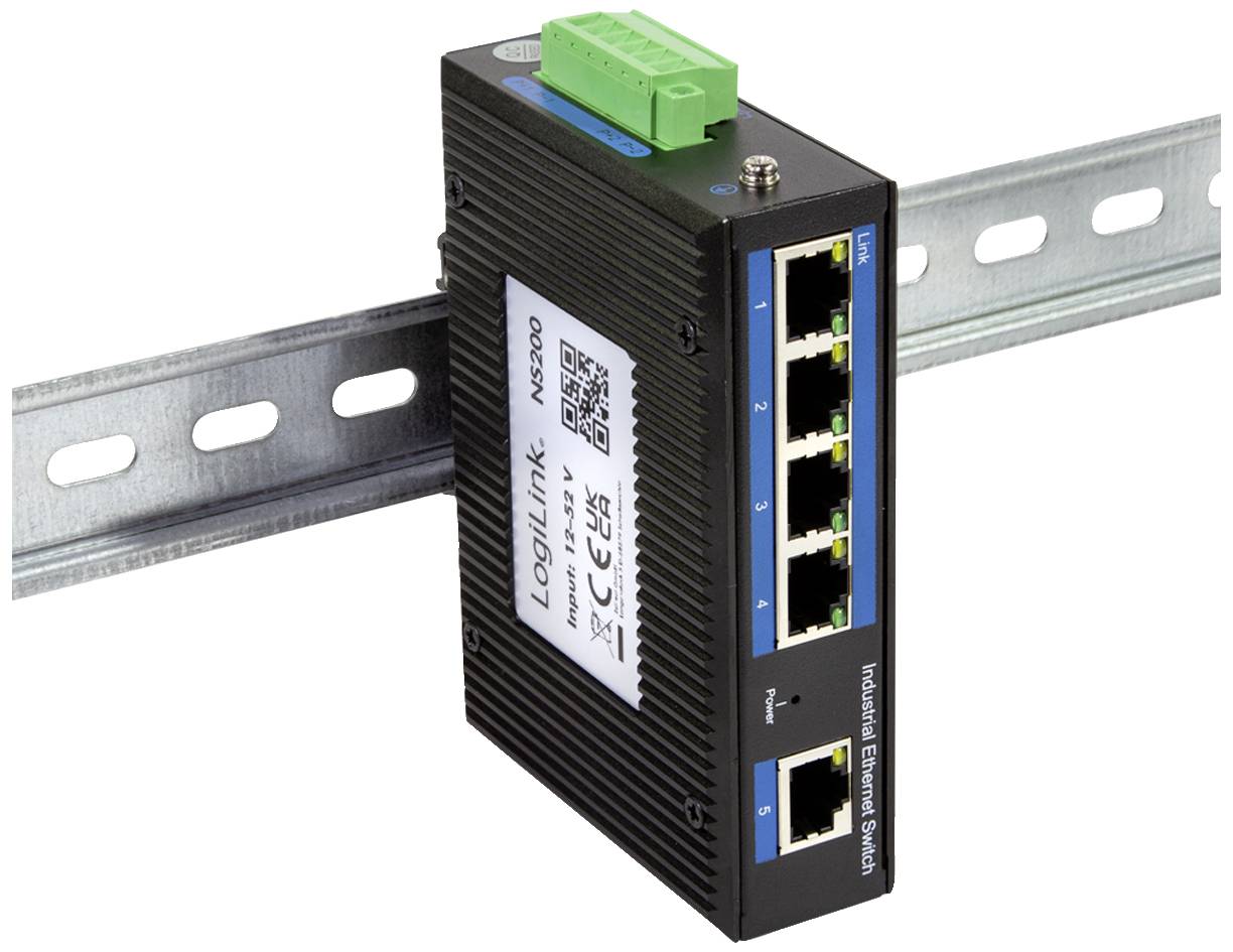 Przemysłowy switch Ethernet z pięcioma portami RJ45, montowany na szynie DIN, przystosowany do pracy w trudnych warunkach środowiskowych oraz do realizacji połączeń sieciowych.