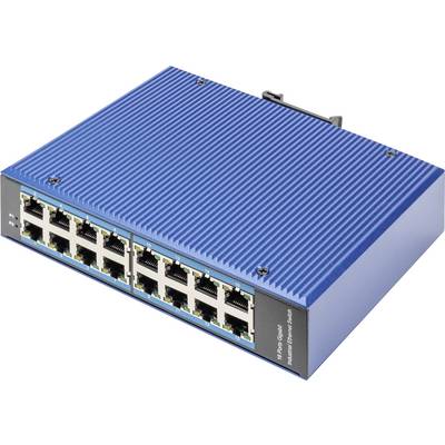 Niebieski switch Ethernet z 16 portami. Odpowiedni do zastosowań sieciowych, możliwy do łączenia w stos, o wytrzymałej konstrukcji przeznaczonej do środowisk przemysłowych.