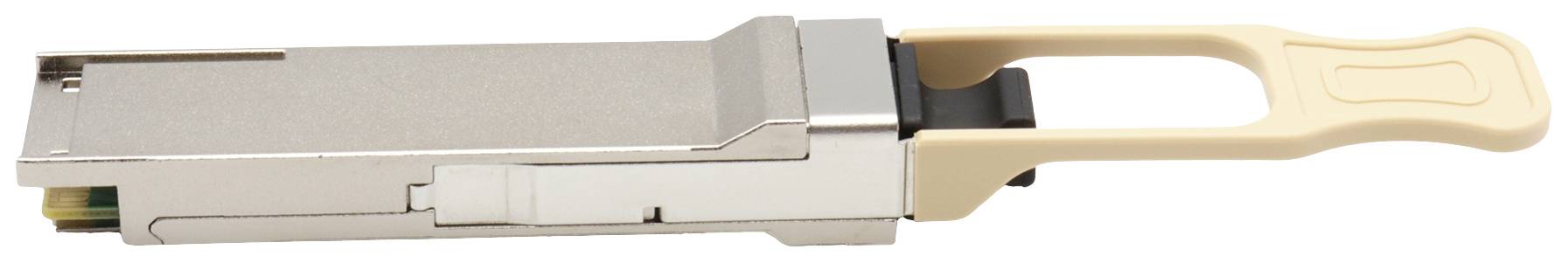 Srebrny, prostokątny adapter sieciowy z kremowym uchwytem po prawej stronie, używany do połączeń optycznych.
