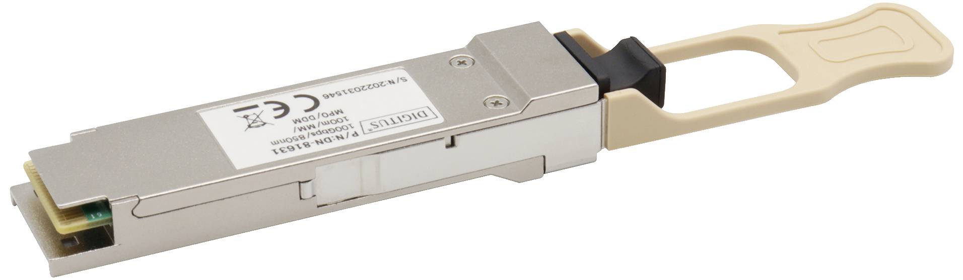 Metalowy transceiver z uchwytem z tworzywa sztucznego, powszechnie stosowany w szybkich połączeniach sieciowych w centrach danych.