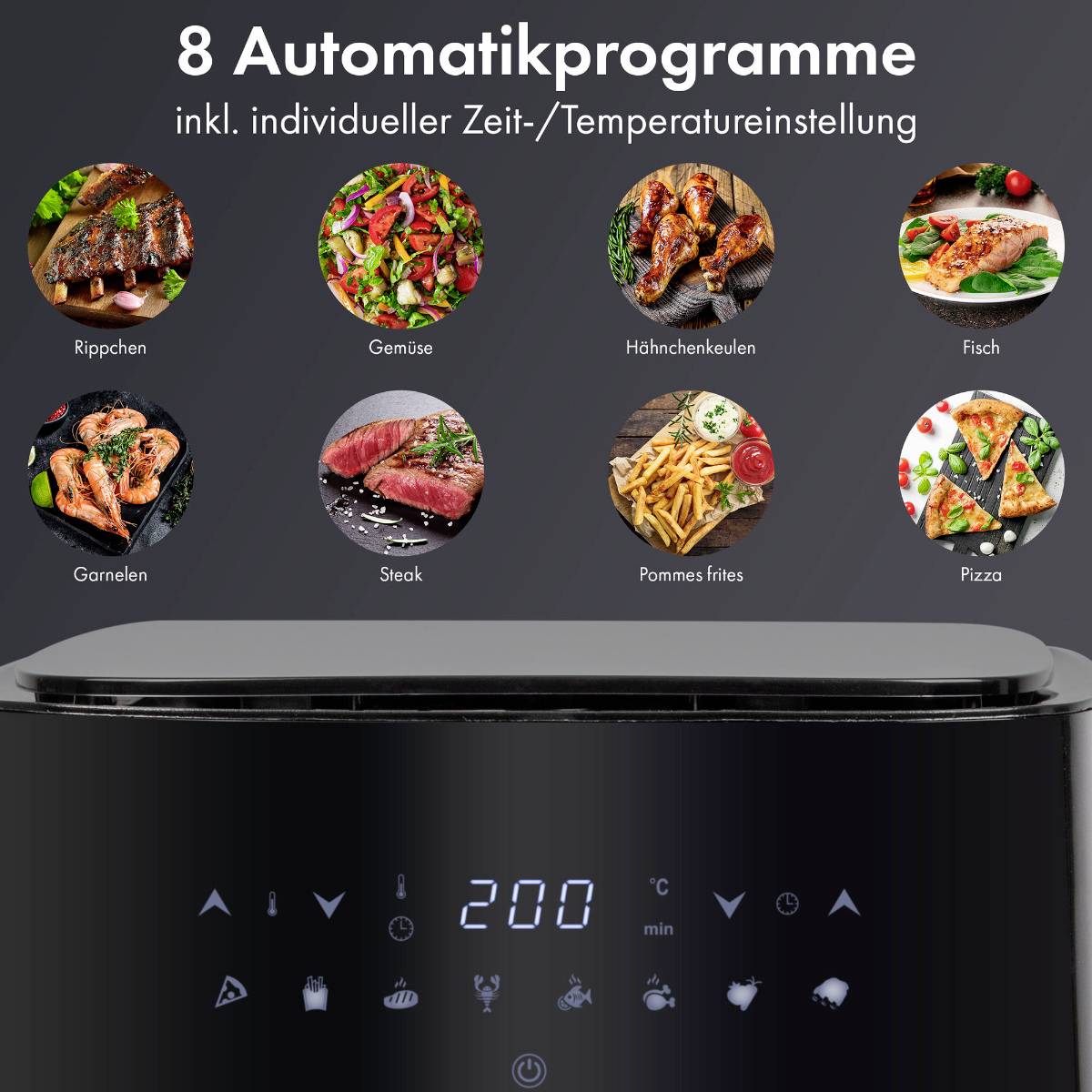 Ilustracja urządzenia kuchennego z wyświetlaczem 8 programów automatycznych do różnych potraw, takich jak żeberka, ryba i pizza.